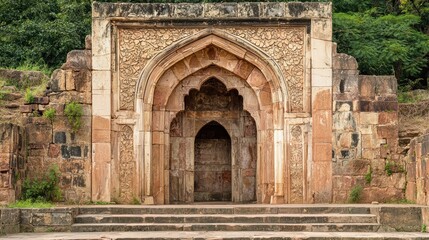 Fototapeta premium A stone archway with intricate carvings, located in a lush green landscape with trees and bushes.