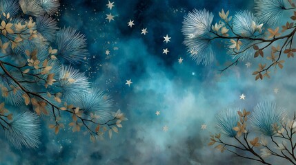 Watercolor illustration of a snowy blue background with subtle golden foliage and stars, creating a serene and enchanting atmosphere with copy space for text