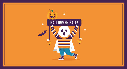 Friendly ghost announces a festive Halloween Sale Ideal for seasonal retail promotions discounts and holiday marketing