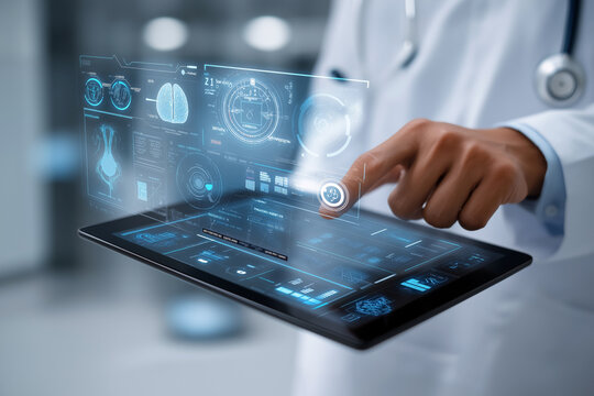 Close-up of a doctor using a digital tablet with a medical interface in a sleek modern clinic, technology in healthcare concept - Powered by Adobe