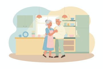 Elderly couple dancing happily in a bright kitchen celebrating love and companionship