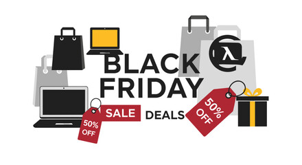Black Friday Sale Deals banner with shopping bags laptops and 50 off tags