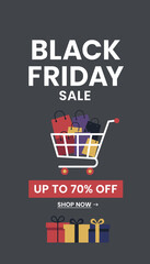 Black Friday Sale graphic with shopping cart colorful bags and gifts Up to 70 off promo
