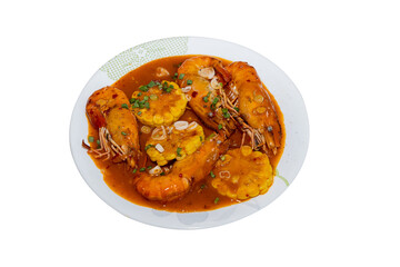 Spicy Prawns with Corn in Chili Sauce
Stir-fried prawns served with sweet corn and spicy chili sauce on a white plate. Garnished with chopped green onions and herbs. Delicious Asian seafood dish ideal