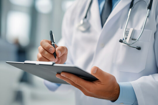 Over-the-shoulder view of doctor writing digital notes in patient file on tablet, sleek user interface design visible, smart medical technology - Powered by Adobe