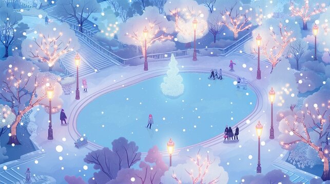 A snowy park scene during winter solstice. People skate on a frozen pond surrounded by festive lights and snow-covered trees. A large Christmas tree is visible.
