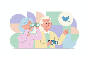 Happy senior couple birdwatching with binoculars enjoying nature Active retirement lifestyle hobby