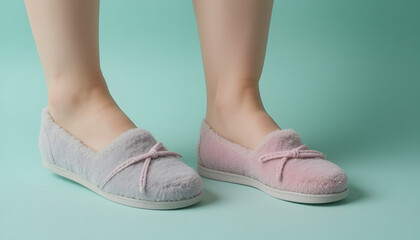 Pair of fuzzy slippers soft and comfortable footwear for indoor use isolated on a teal background
