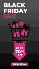 Black Friday Sale graphic with shopping cart gifts and Up To 70 Off for retail promotion