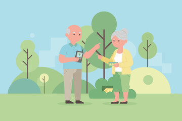 Senior couple exploring outdoors with a GPS device enjoying an active lifestyle