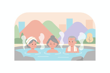 Happy elderly people enjoying a relaxing hot spring bath with scenic views Wellness and leisure