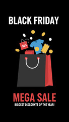 Black Friday Mega Sale graphic with shopping bag discount tag and products Retail ecommerce