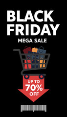 Black Friday Mega Sale banner with shopping cart bags and 70 off discount Ideal for promotions