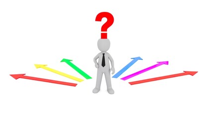 A Stylized 3d Rendered Figure of a Businessman Pondering Multiple Directional Choices, Symbolizing Uncertainty and Decision making for Future Paths