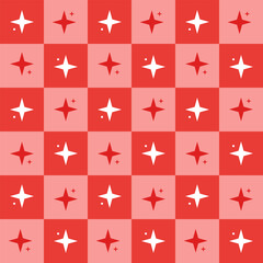 Seamless pattern with  four pointed stars on a checkered background of red and pink squares.