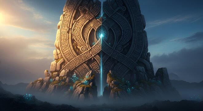 Ancient Mystical Stone Monolith with Glowing Waterfall and Ethereal Blue Lights in Fantasy Mountain Landscape