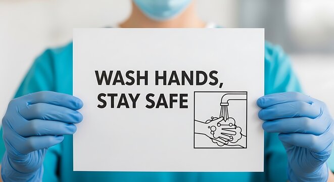 Healthcare worker holding sign reminding people to wash hands and stay safe