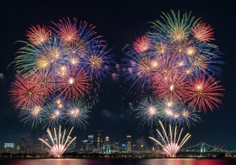 Spectacular night sky fireworks display over cityscape reflecting in water
