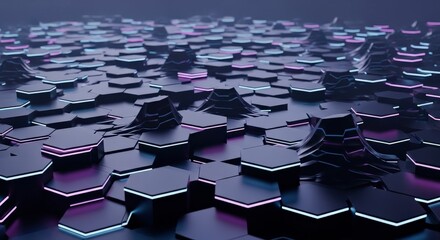 Futuristic Hexagonal Landscape with Neon Lights Abstract Digital Art