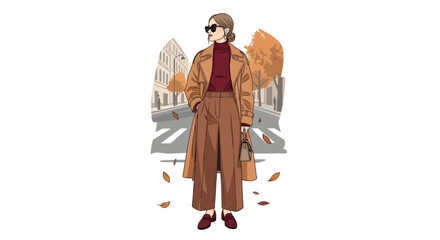 Modern Fall Layering Outfit Vector Illustration.Vector illustration of woman wearing oversized trench coat and turtleneck sweater, trendy fall outfit with warm caramel and burgundy tones, autumn fashi