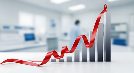 Red ribbon graph showing upward trend in a modern office setting