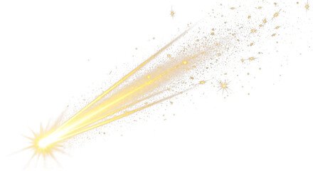 A bright yellow comet streaking across a transparent background, leaving a trail of glittering dust and particles isolated on transparent background