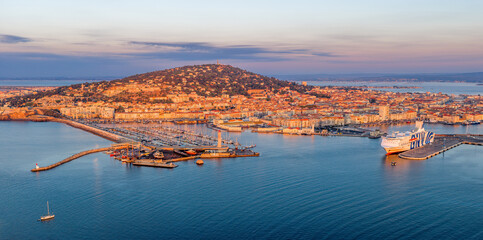 Aerial panorama of Mont Saint Clair de Sète at sunrise in Hérault in Occitanie, France