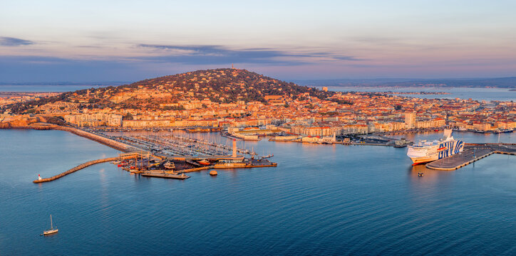 Aerial panorama of Mont Saint Clair de S&egrave;te at sunrise in H&eacute;rault in Occitanie, France