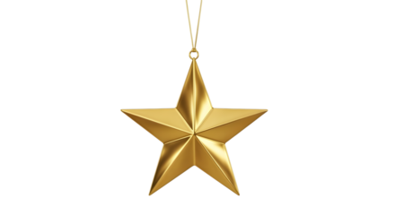 A single golden star ornament hanging by a thread, isolated on transparent background