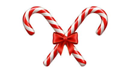Two red and white striped candy canes crossed and tied with a red bow, isolated on transparent background