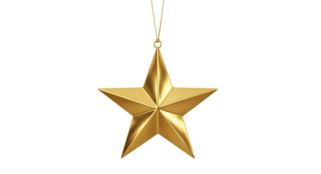 A single golden star ornament hanging by a thread, isolated on transparent background