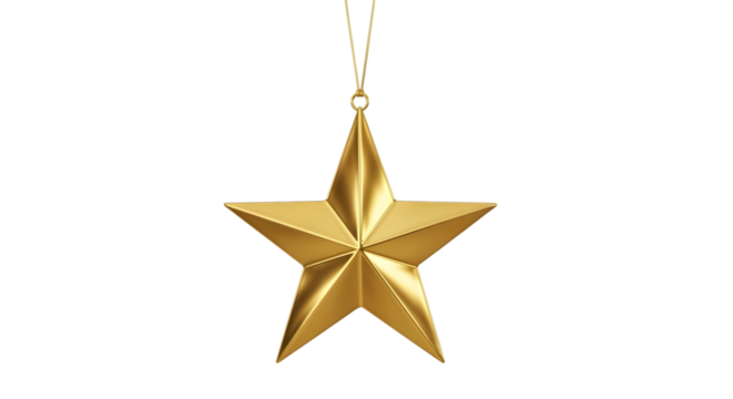 A single golden star ornament hanging by a thread, isolated on transparent background