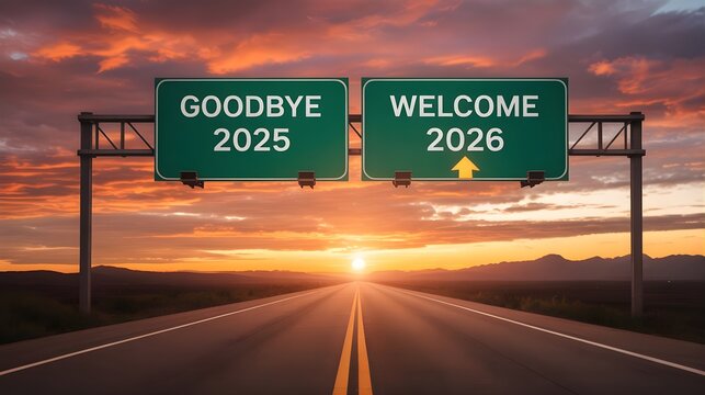 New year's journey goodbye 2025 welcome 2026 road sign sunset serenity hope future