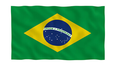 A waving flag of brazil with green yellow and blue colors on a white isolated background image view