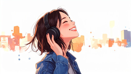 :ヘッドフォンで音楽を聴く笑顔の女性イラスト（生成AI）