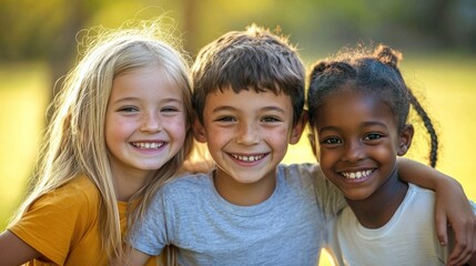 Fototapeta premium Three children smiling outdoors in a park.
