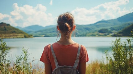 A young woman standing on a hill overlooking a serene lake with mountains in the background.