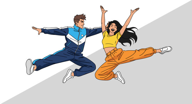 Couple performing jumpstyle dance with energetic leaps in colorful outfits against a split background