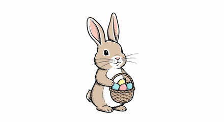 Obraz premium Adorable Easter Bunny Illustration Holding a Basket of Colorful Eggs, Perfect for Holiday Greetings and Festive Decorations