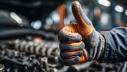 Mechanic gives thumbs up by car engine. Orange, grey glove on hand. Workshop background with tools, auto parts. Pro repairman shows satisfaction with vehicle maintenance. Reliable service, job.