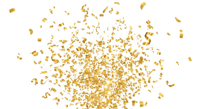 A shower of golden confetti exploding outwards, isolated on transparent background