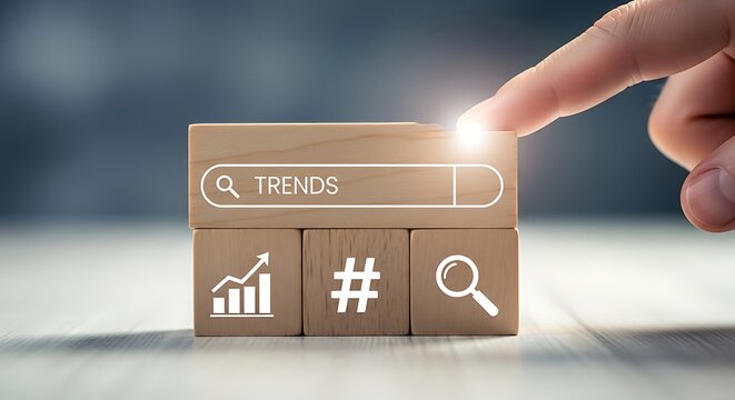 Exploring Current Trends Online Discovering Insights with a Search Bar and Graphic Icons Representing Data Analytics and Social Media Engagement on Wooden Blocks