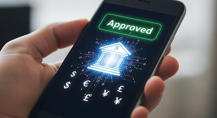 Online banking approval on smartphone with currency symbols, showcasing digital finance and secure transactions, emphasizing the convenience and efficiency of modern mobile banking solutions