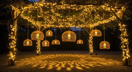 Garden pergola with string lights and hanging lanterns for a magical wedding decoration at night. Romantic outdoor event