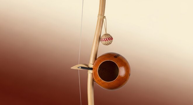Berimbau: Brazilian single-string percussion instrument against a gradient backdrop
