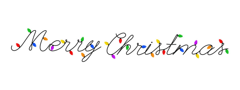 Holiday banner with handwritten calligraphy Merry Christmas in the form of a garland with colorful holiday lights