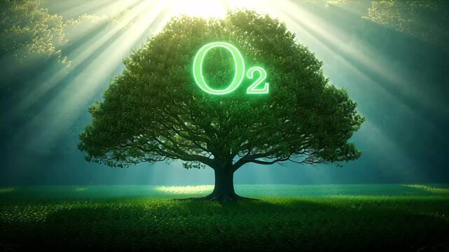 Tree releasing oxygen in sunlit forest