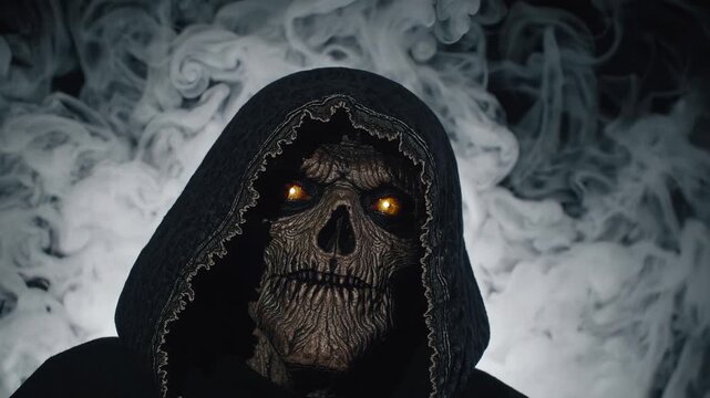 Hooded skull stares with glowing eyes. Smoke swirls around grim reaper in torn cloak. Sunken jaw and cracked bone evoke death and horror. Close framing emphasizes skeleton detail and eerie presence.