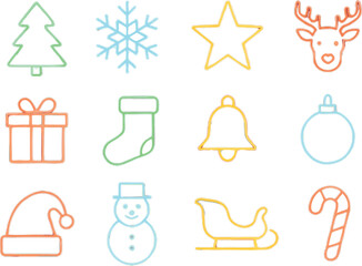 A minimalist vector-style Christmas icon sheet with 12 icons arranged in a clean 3x4 grid on a solid background