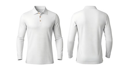 Front and Back View of a White Long Sleeve Polo Shirt for Mockup and Advertising Purposes on an Isolated Background